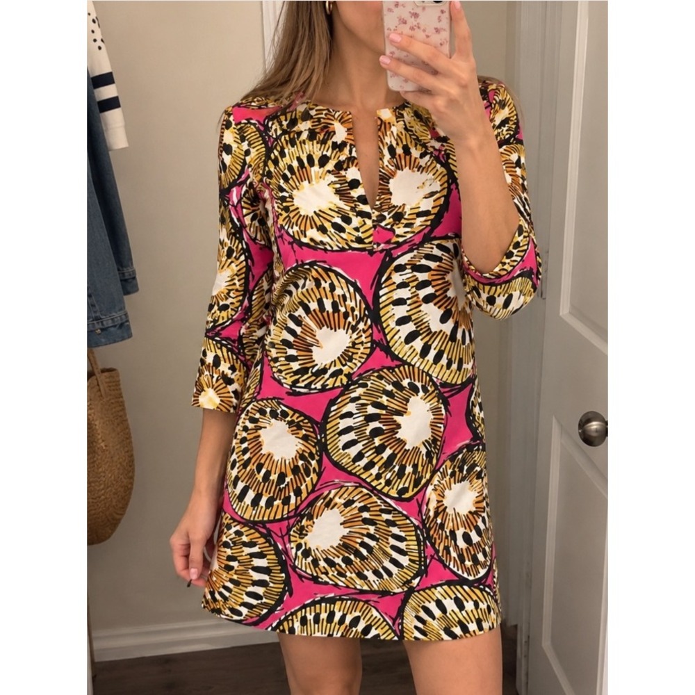 J Crew Tropical Print Tunic Shift Dress XS 00 Pink Gold Orange 3/4 Sleeve Mini